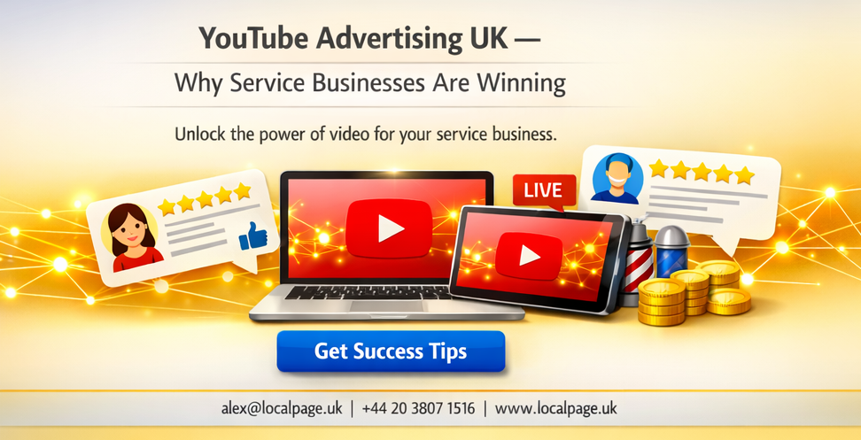 Social image showing YouTube Ads success for UK service businesses with glowing yellow accents and green‑blue CTA button.