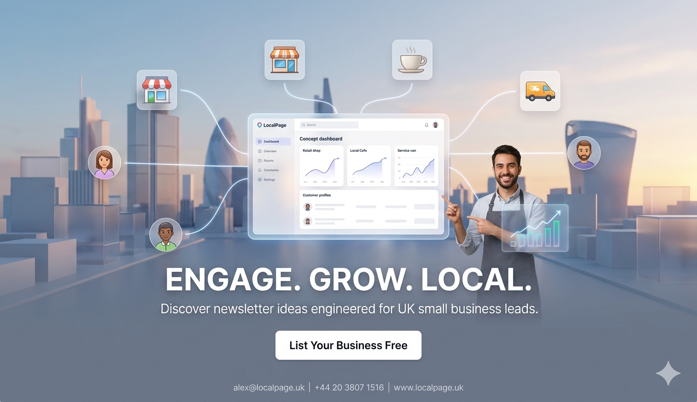 Premium 3D minimalist London city skyline with connected business icons representing effective UK local business directory newsletter marketing on LocalPage.uk.