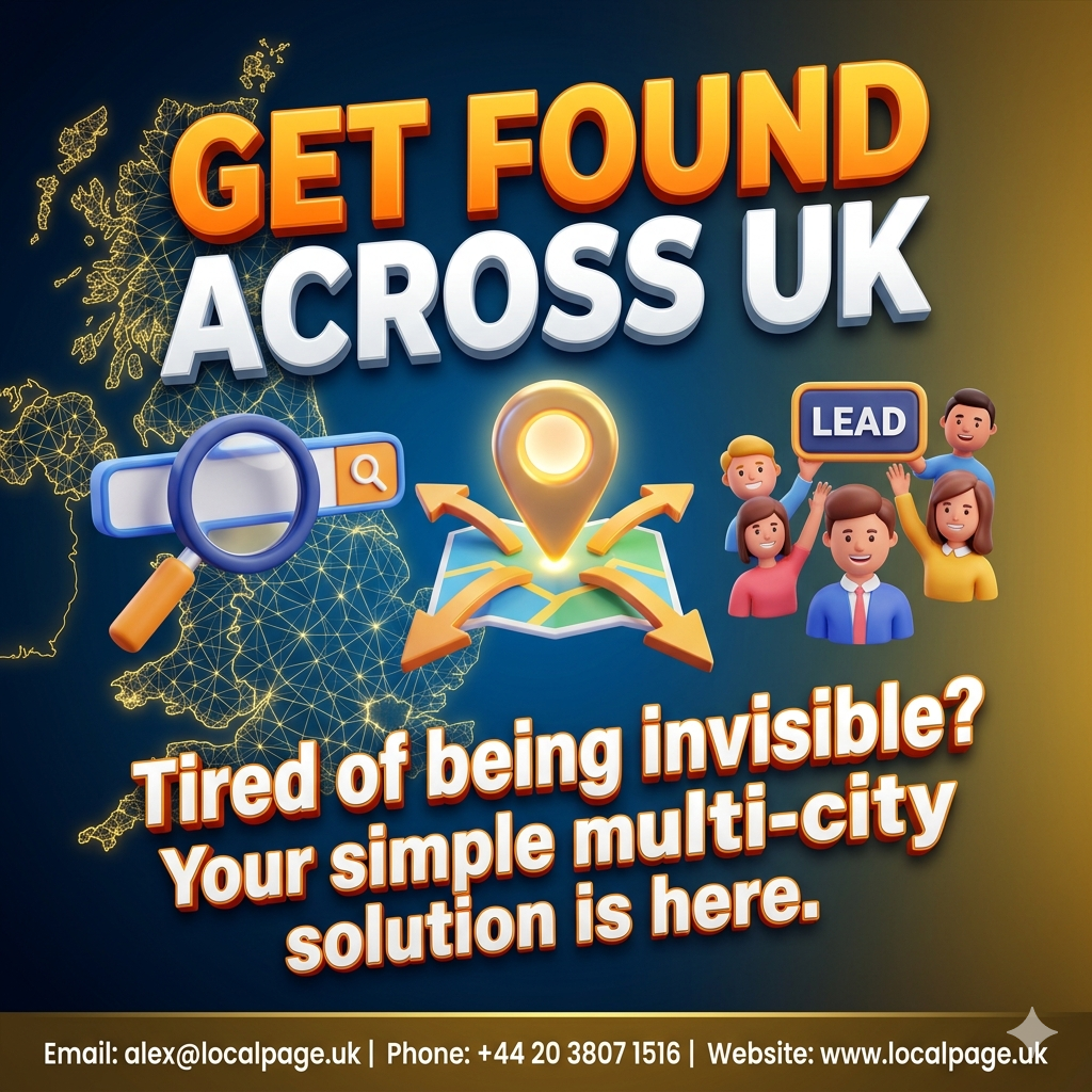 A high-contrast 3D graphic showing a magnifying glass over a UK map with growth arrows and new customers, representing increased B2B visibility and lead generation.