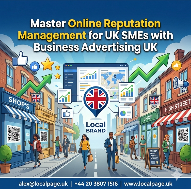 Clean minimal corporate style banner titled Master Online Reputation Management for UK SMEs with Business Advertising UK over a subtle office and UK skyline background.
