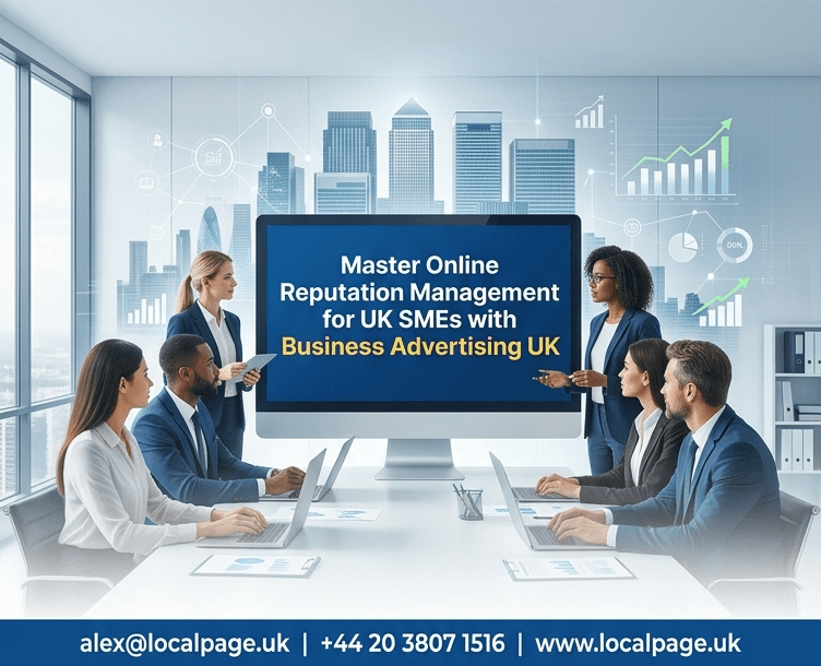 Clean minimal corporate style banner titled Master Online Reputation Management for UK SMEs with Business Advertising UK over a subtle office and UK skyline background.